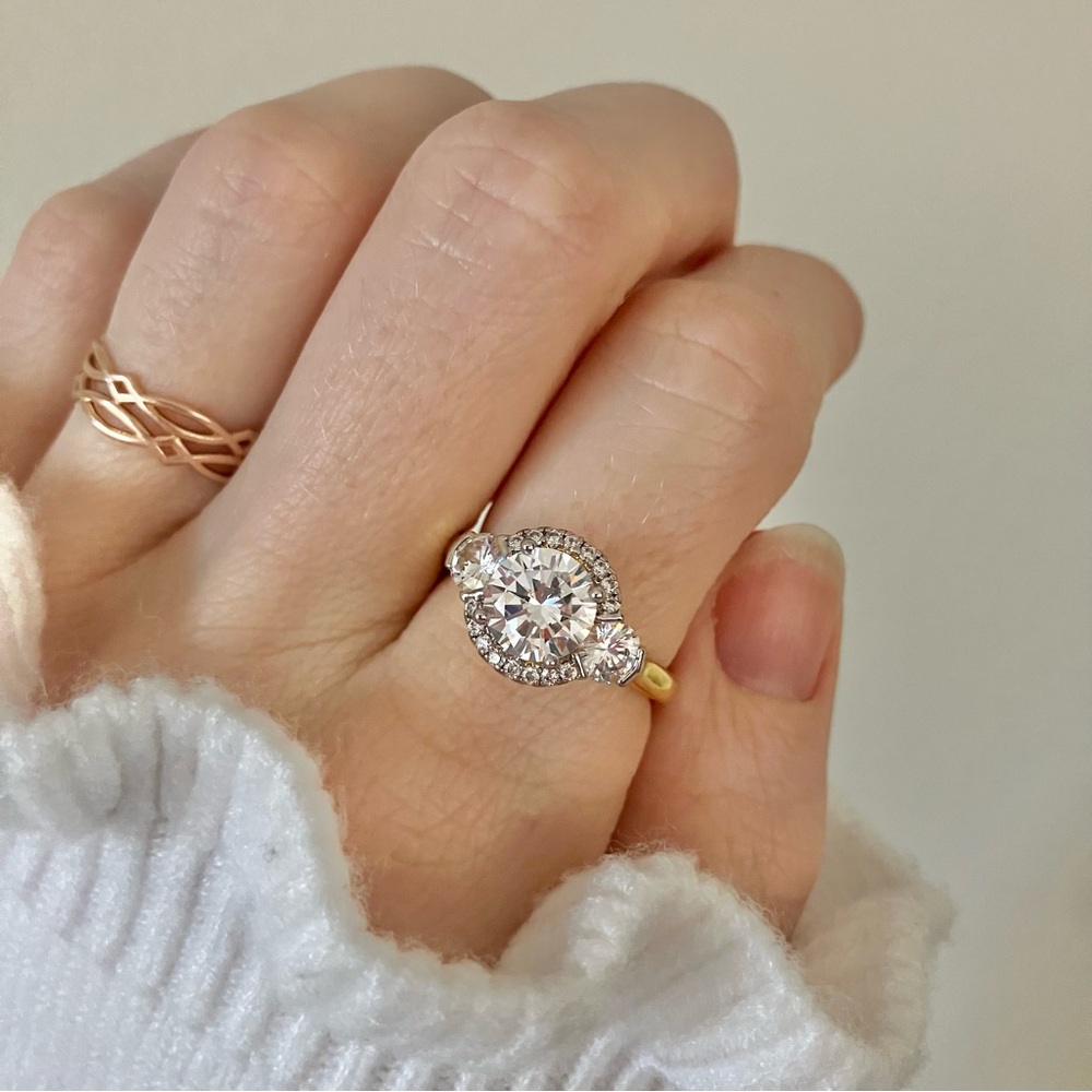 Three Stone Round Halo Glam Gold V Ring “Ismene” Engagement Wedding Elegant